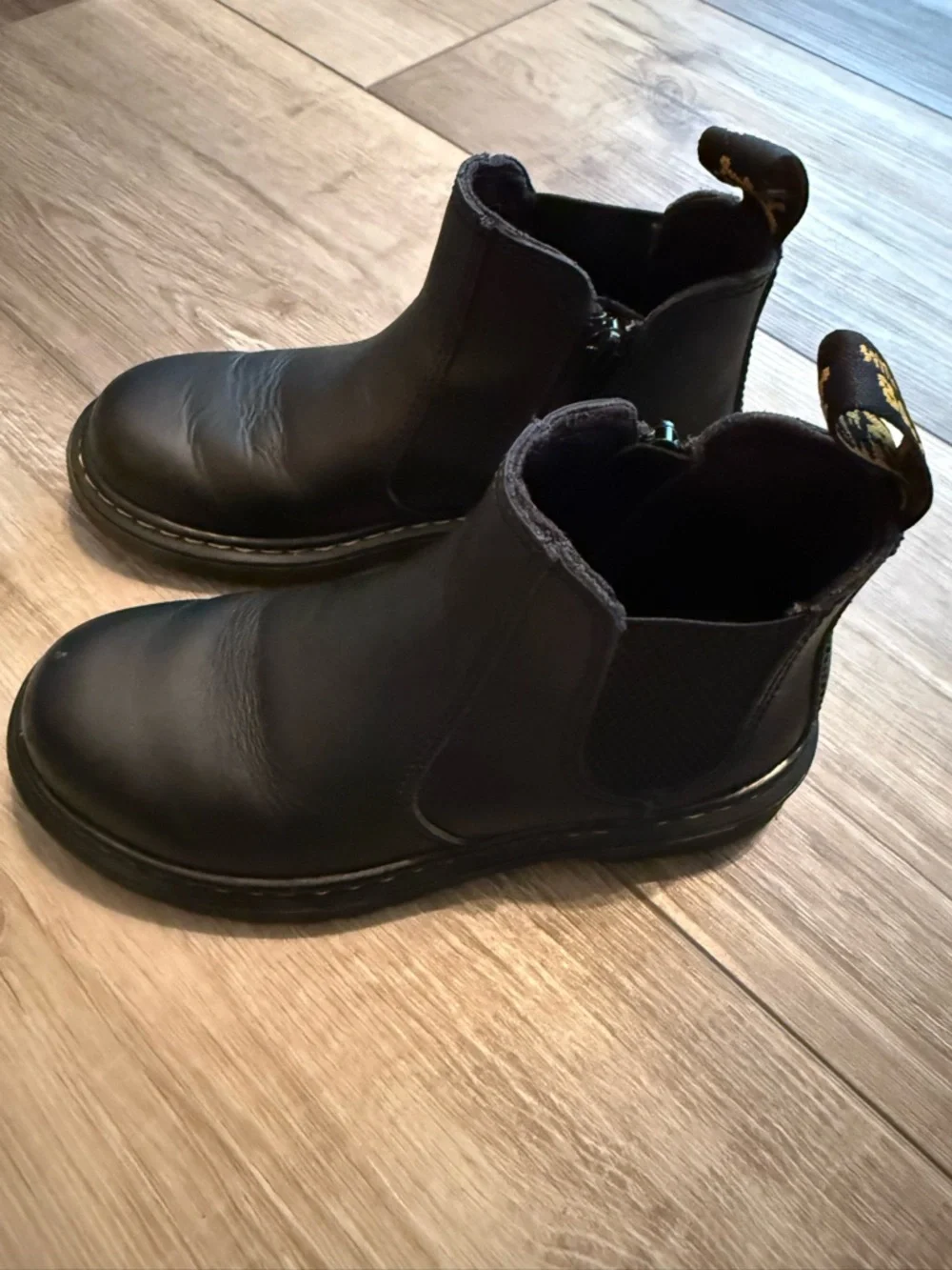 Dr. Martens Black Leather Chelsea Ankle Boots with Yellow Stitching - Kids